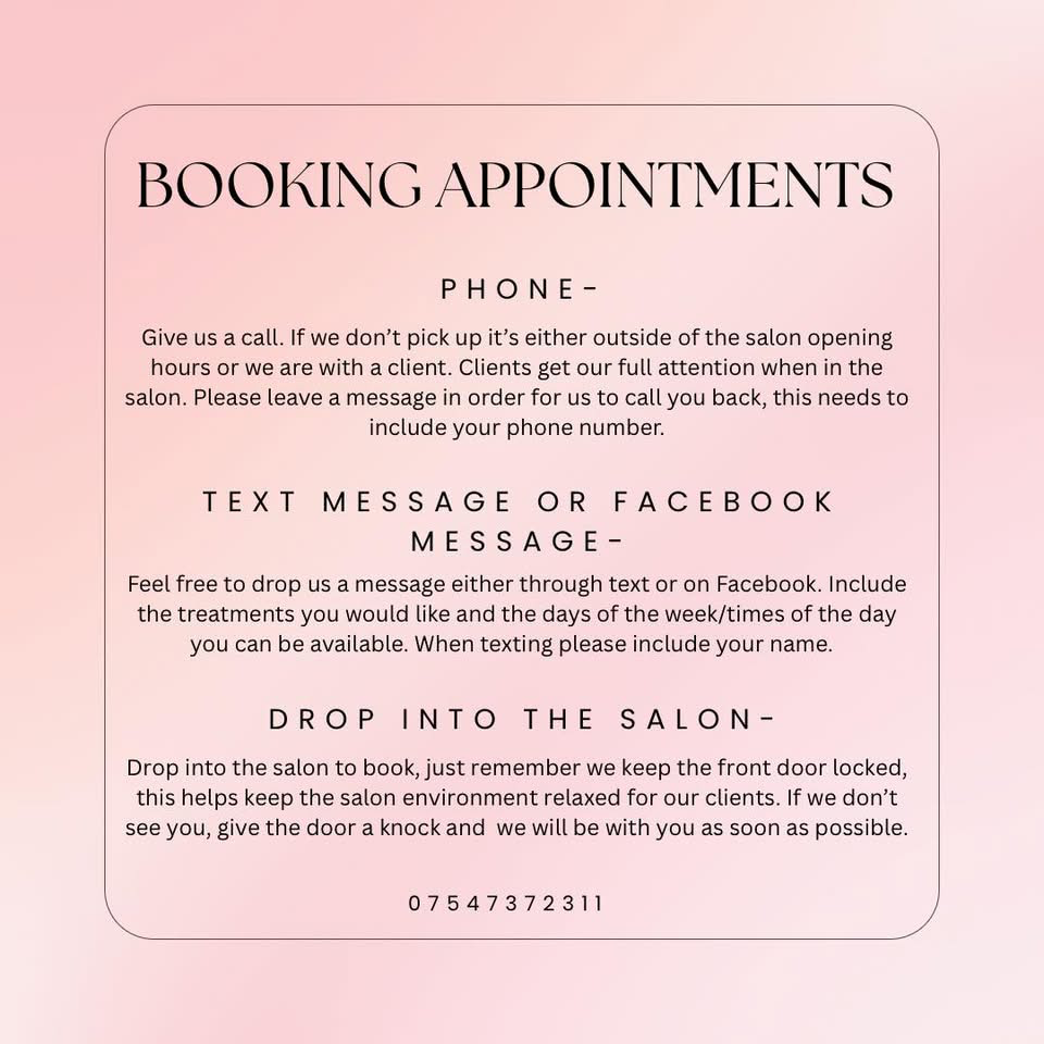 Booking appointments — phone, message, or drop in. 07547 372311